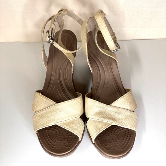 CROCS Leigh II Wedge Sandals Women's 11 Neutral Ankle Strap Casual Summer Comfy - Picture 3 of 10